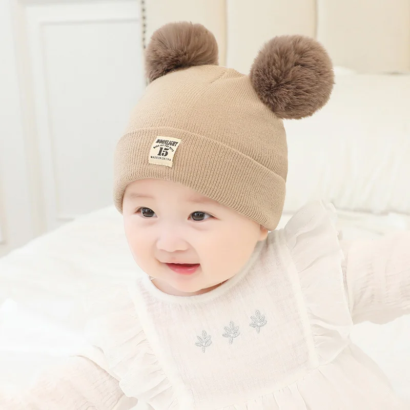 Baby Girls Beanies Hats Children Knitted Pom Pom Hats Winter Autumn Cute Cap For Newborn Boys Warm Girl Hat With Two Balls