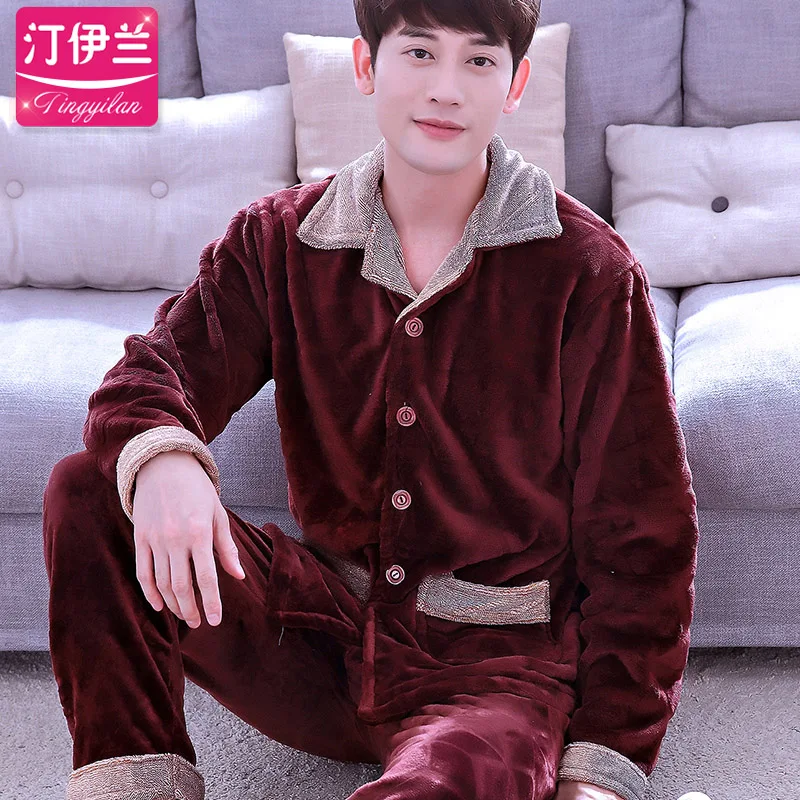 H5873 Men Pajamas Set Thickened Flannel Long Sleeve Nightgown Autumn Winter Coral Velvet Home Clothes Plus Size Loose Sleepwear