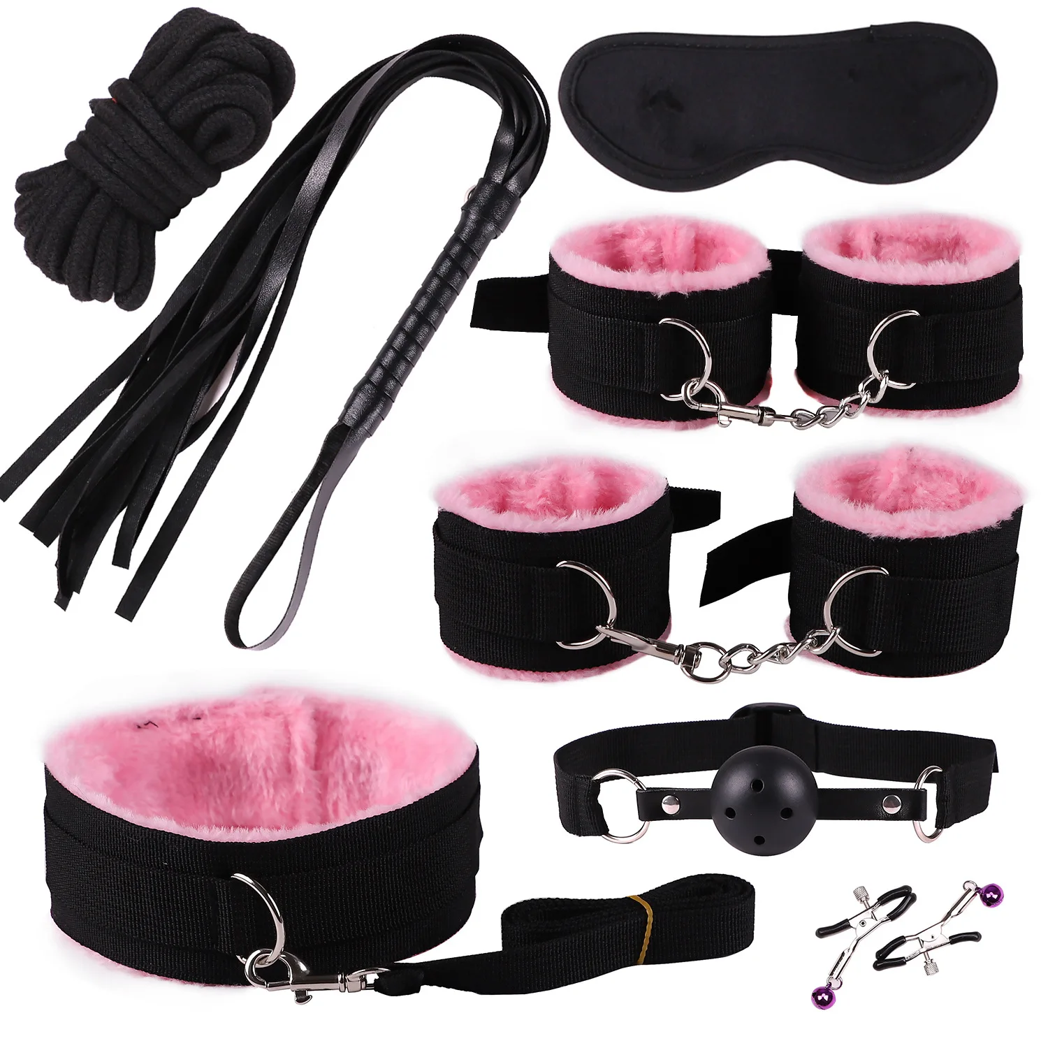 BDSM Bondage Kit 8 Pcs/set Handcuffs Nipple Clamps Mouth Ball Gag Whip Cotton Rope Sex Toys For Couples Eye mask Neck Collar