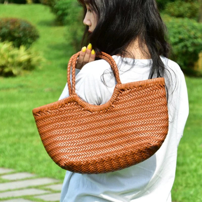 Genuine Leather Hand-woven casual vegetable basket bag with  Woven Inside Bag Vintage Shopping Bag Tote Bag Crossed Tote Bags