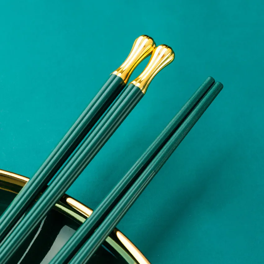 1pair Gold-Plated Chopsticks Alloy Chopsticks Tableware Green Gold Square Non-Slip Family Chopsticks Household