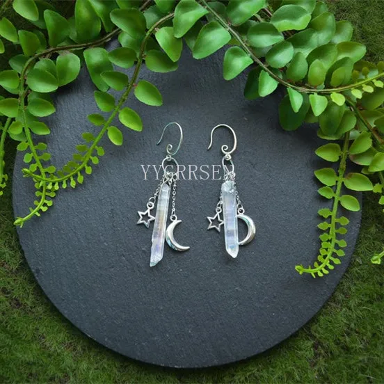 Witch Raw Crystal with Moon and Stars Earrings Witchy Dangle Jewelry Celestial with Healing Quartz Bohemia Jewelry Women Gift