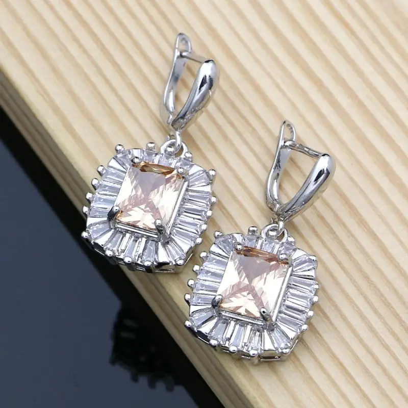 Hyperbole Big Square Champagne Cubic Zirconia 925 Sterling Silver Earrings for Bridal Decoration Earrings Set Dropshipping