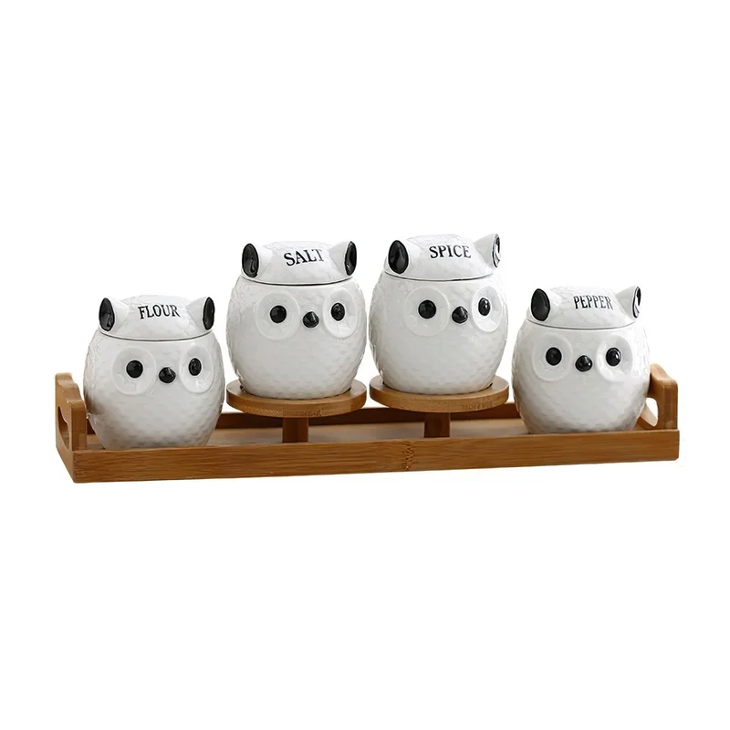 Ceramic Spice Jar Set White Cartoon Owl Relief Lid Salt Sugar Pepper Seasoning Pot Spoon Wood Tray Airtight Can Spice Bottle