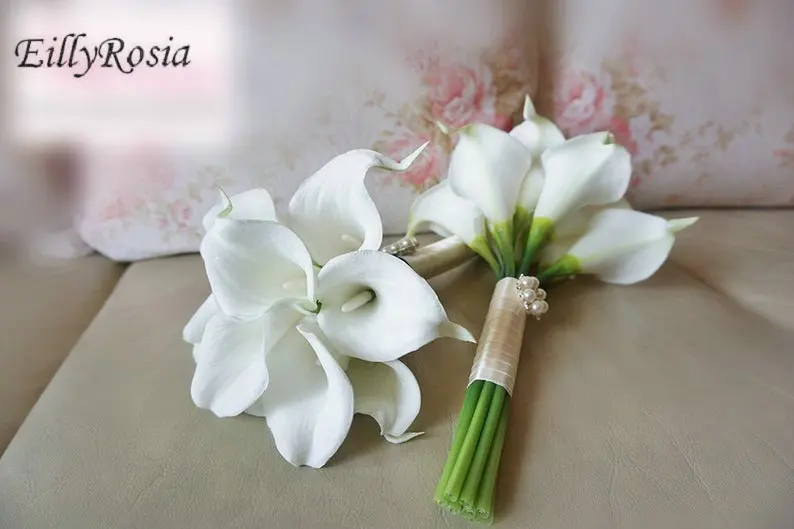 Buquê de dama de honra branco cala lírio toque real feito à mão cor segurando flores boho buquê de casamento fleur artificielle