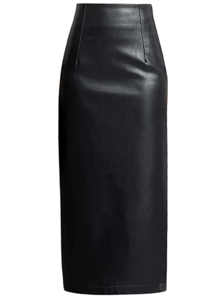 Lautaro Spring Autumn Long Black Faux Leather Pencil Midi Skirt Women with Side Slit Zipper High Waist Luxury Elegant Buttoms