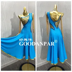 GOODANPAR new Modern Competition Waltz Tango Ballroom Dance Dress Standard Girls Women bule smooth dress Long Sleeve