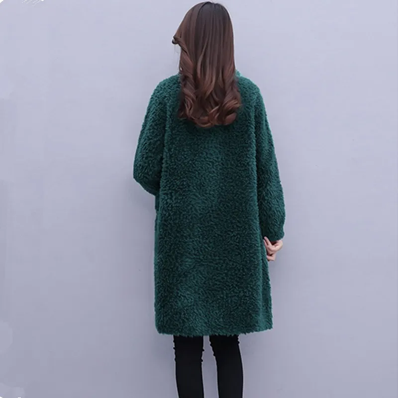 UHYTGF Elegant Mother Winter Fur Jacket Fashion Single-Breasted Loose Big Size Coat Mid-Length Casual Warm Women Outerwear 1994
