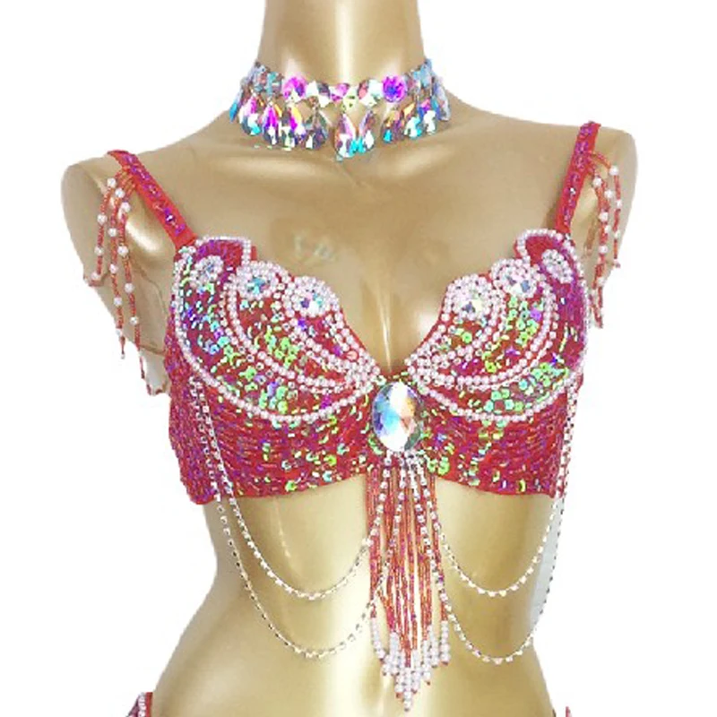 Sexy Women Beaded Sequins Belly Dance Costumes Bra Professional Belly Dancer Outfits Stage & Dance Carnival Tops BRA In USA Size