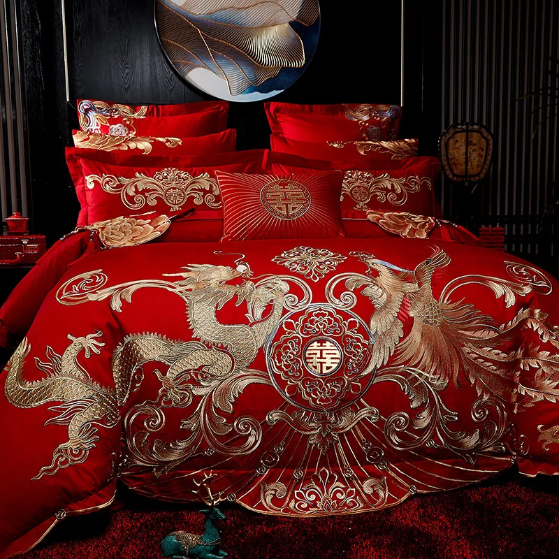 4/6/8pc Luxury Gold Loong Phoenix Embroidery Chinese Wedding Red 100% Cotton Bedding Set Quilt/Duvet Cover Bed Sheet Pillowcases