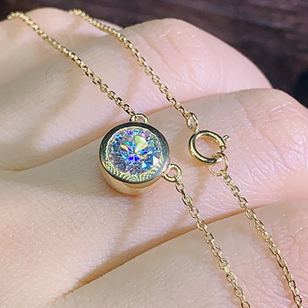 Custom Solid 18K Yellow Gold Women Pendants Necklaces Moissanite Diamond 1 2 3 Carat Round Wedding Anniversary Engagement Party