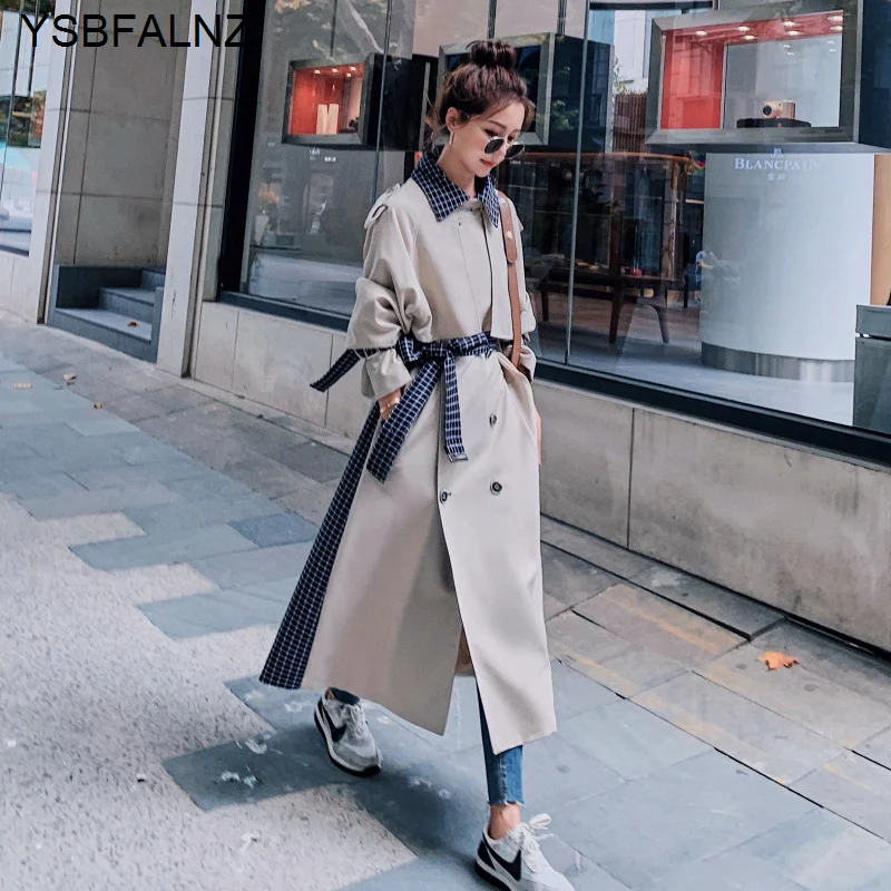 2023 Female Windbreaker Autumn Fashion Womens Trench Coats England Style Plaid Long Sleeve Slim Lapel Long Length With Belt New