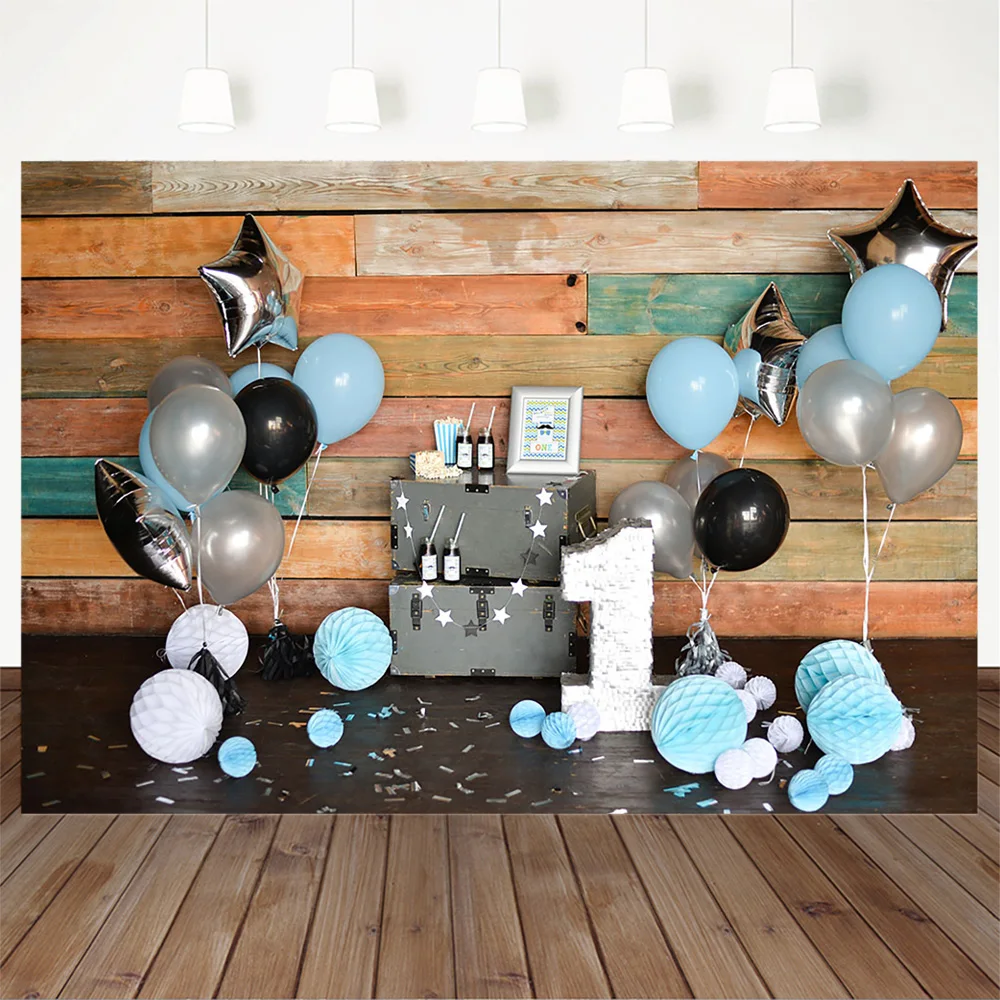 1st birthday party Photography backdrop balloons wood birthday photo shoot newborn background birthday photocall pictures