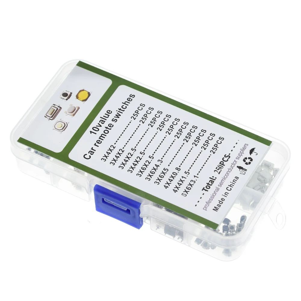 1 BOX 250 Stück 10-Typen Taktile Drucktaster Schalter Auto-Fernbedienungstasten Berührungsmikroschalter für TZT Elektronische Komponenten – Detail 3