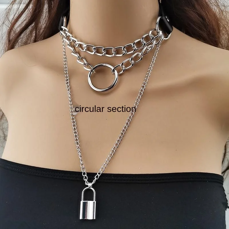 Necklace Lady Necklace European And American PU Love Necklace Personalized Retro Punk Multilayer Chain Geometric Lock Necklace