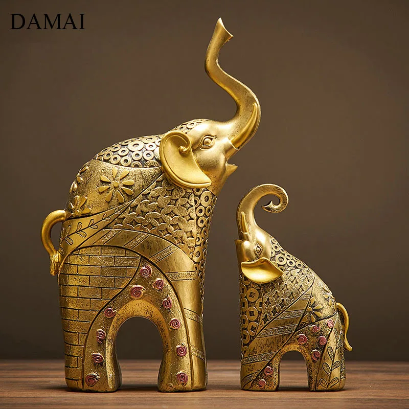 

Gilded Mother-child Elephant Figurine Resin Charms Animal Decor Statue Living Room Desk Decorations Home Decoration Accessories