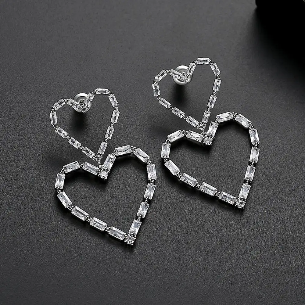LUOTEEMI Romantic Double Heart Shape Dangle Earrings for Women Gold Silver Color Cubic Zircon Earring for Girls Wholesale Item