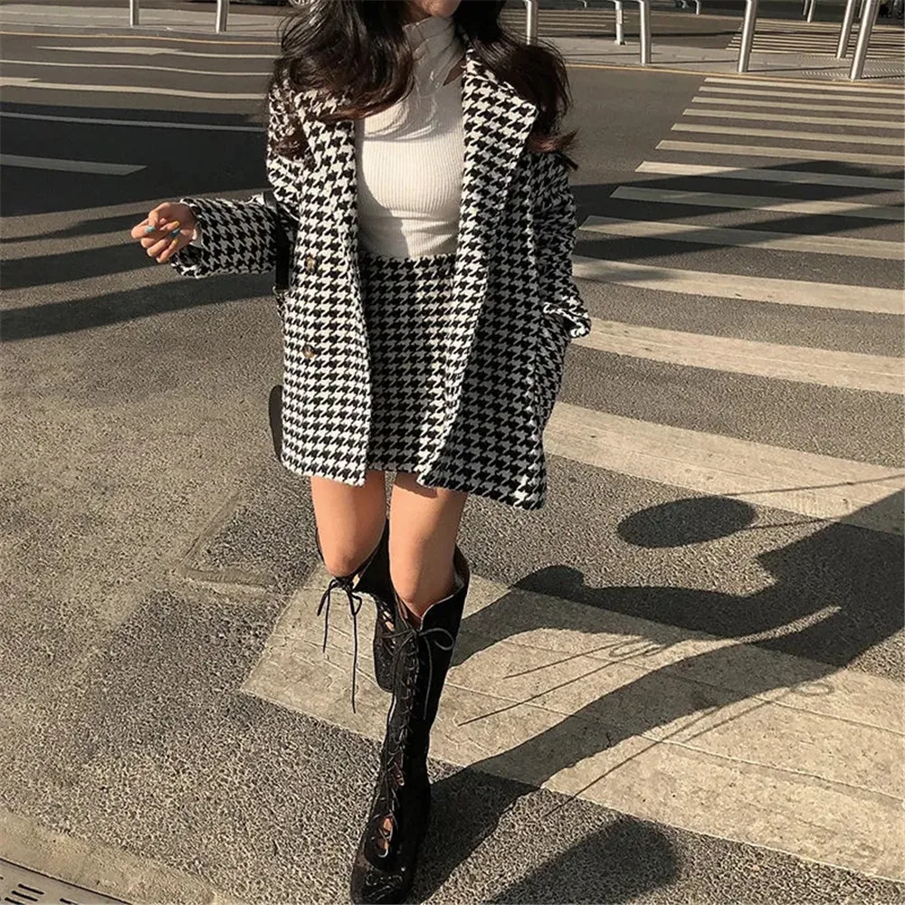 Vintage Plaid Print Woolen Jacket Women Korean Harajuku High Waist A-line Hip Skirts Streetwear Coat Two-Piece Sets Suits Female