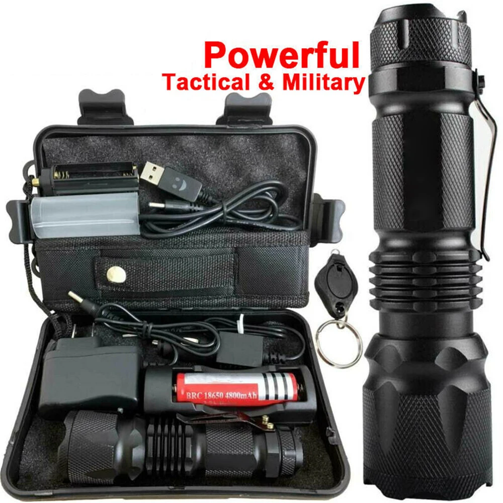 Tactical LED Powerful Flashlight USB Torch Light  Kit with Military Box Flashlight Outdoor Hiking Camping Lighting