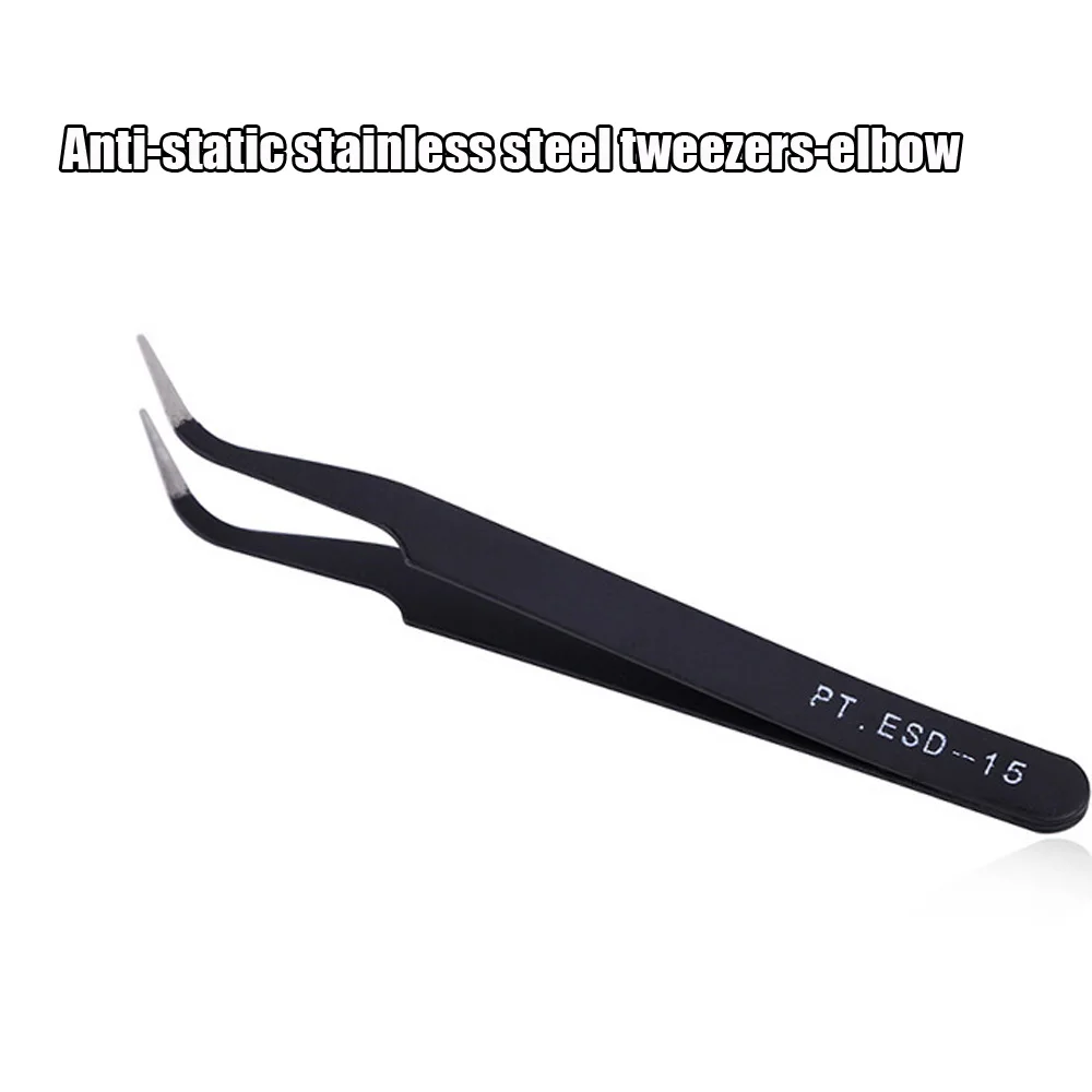 1 Pcs Anti-Static Straight/Curved Tweezers Black Stainless Steel Pliers Picking Rhinestones Precision Pointed Elbow Nippers