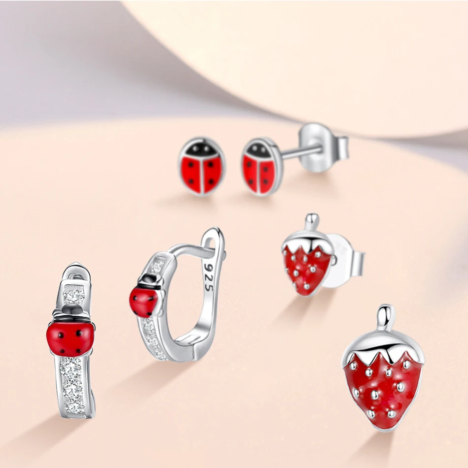 2022 Fashion Jewelry Christmas Stud Earrings Animal Ladybug Clover Heart 925 Sterling Silver Small Earrings for Women Kids Girls