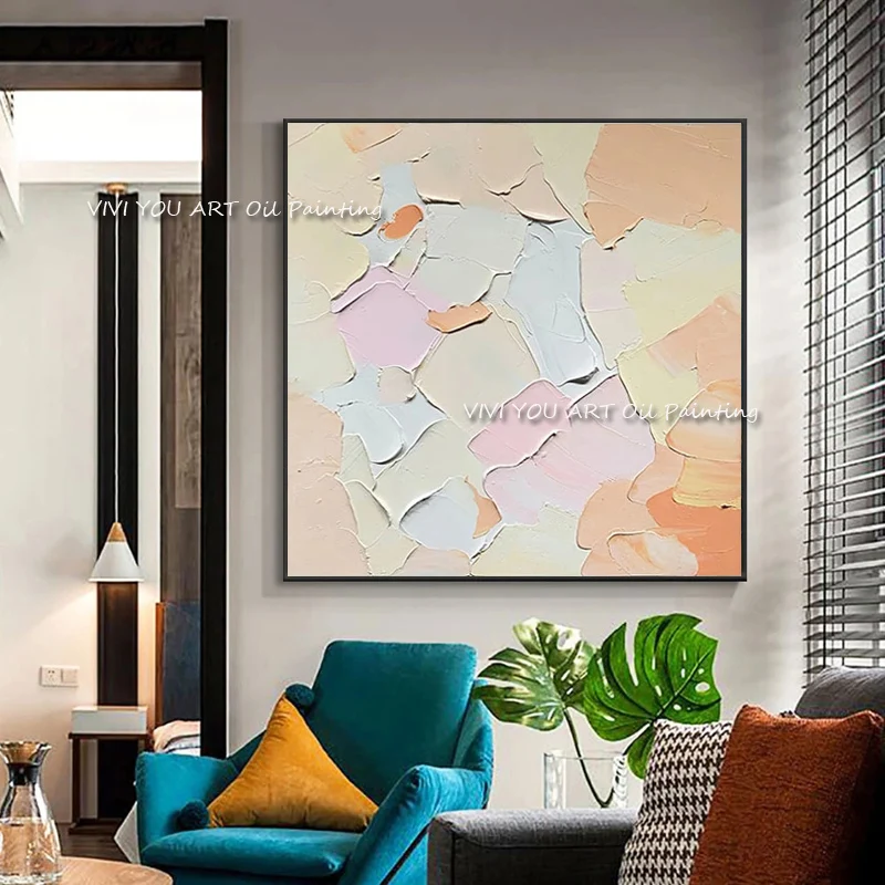 Square Cream Pink Abstract Canvas Painting, 100% Handmade Soft Tone Minimalist Wall Art, Frameless Living Room Decor