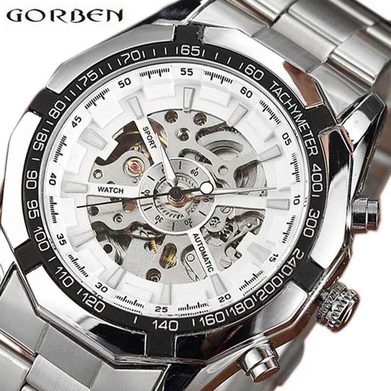 Skeleton Automatic Mechanical Watch Winner Gold Men Watches Stainless Steel Bracelet Sports Luxury Male Clock Chinese Wristwatch