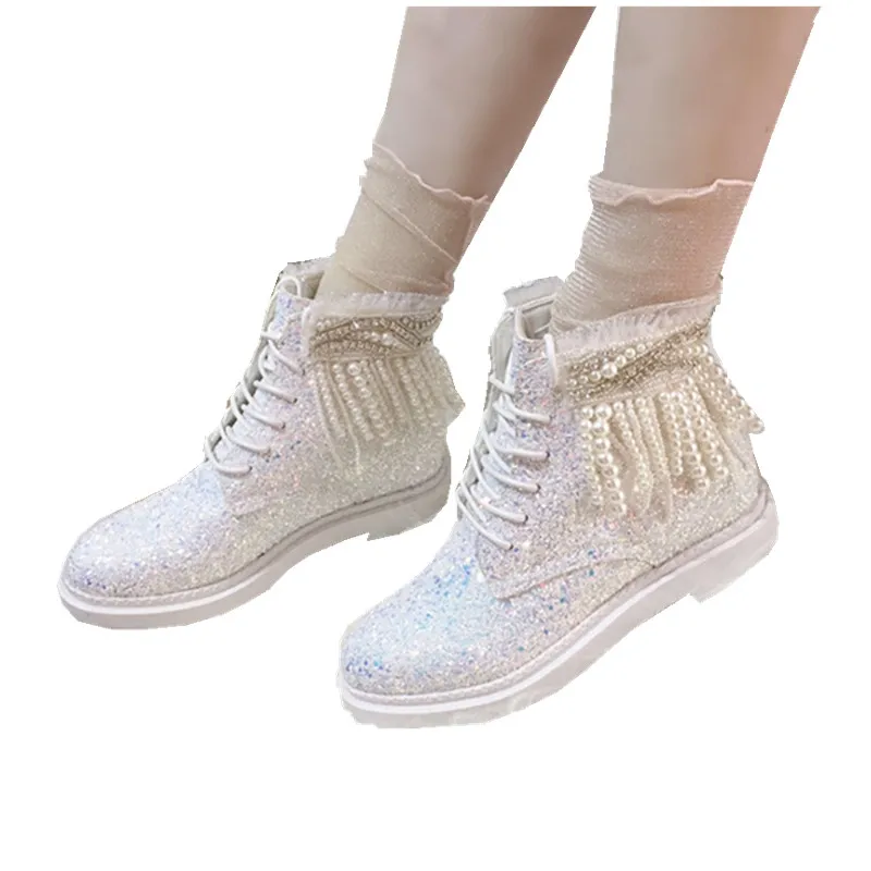 

Sequins Symphony White Tassel High Help Women's Shoes Martin Boots Casual Japanese Vintage Sweet girl Lolita Shoes Middle Heel