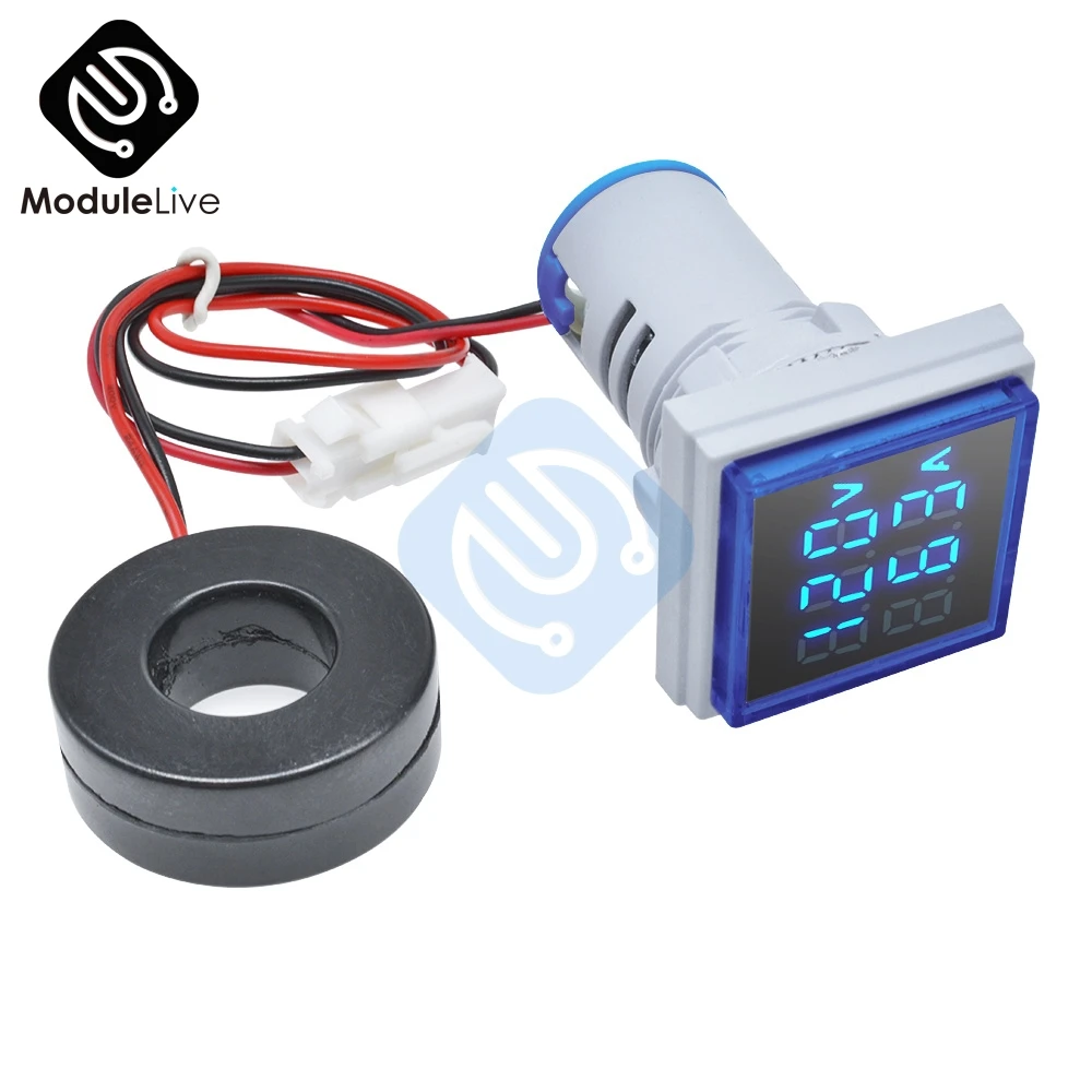 22MM  1-100A AC 50-500V 20-75Hz Digital Voltmeter Ammeter Voltage Current Meter Detector Blue Square Tester 220V Tools