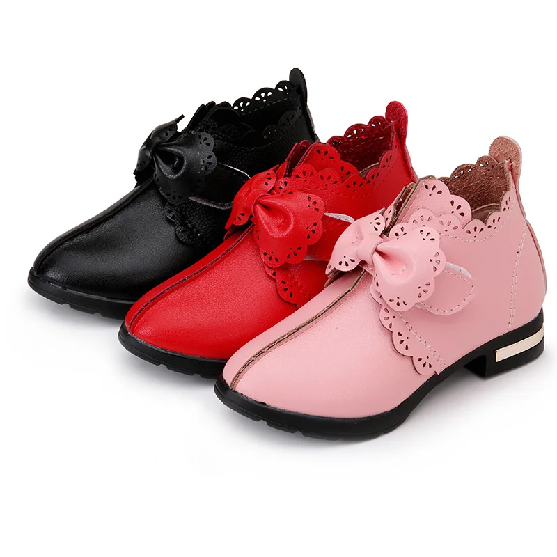 Girls Leather Shoes Autumn 2019 New Student Princess Shoes Fashion Lace Bow Children Girl Shoes Kids Short Boots Black Red Pink