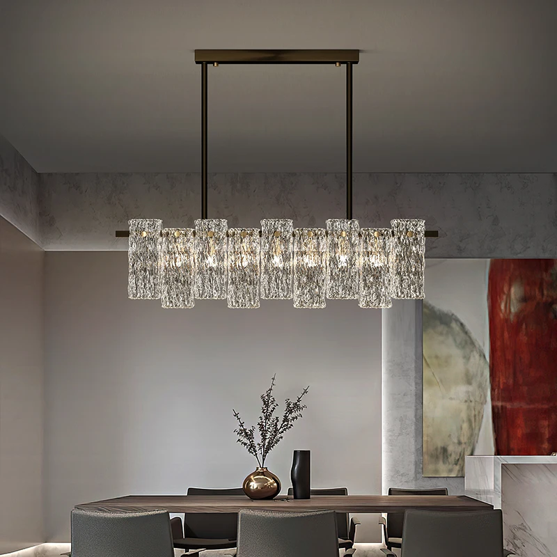 Lampadario moderno in cristallo da 100 cm Sala da pranzo Design rettangolare Sala da pranzo Isola Apparecchio di illuminazione Lampada a sospensione a LED in ottone di lusso