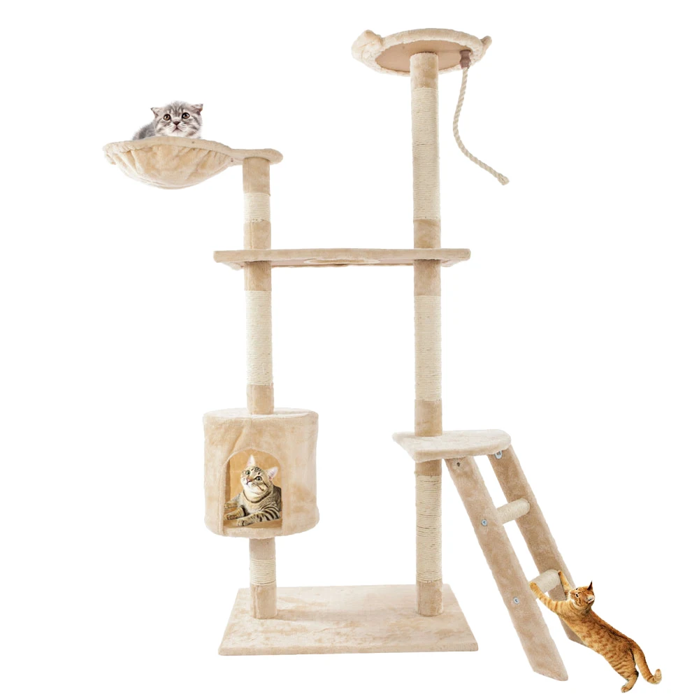 Cat Climbing Holder Tower Tree Frame Toys Solid Cute Natural Sisal Rope Soft Plush Flakeboard 61x41x152.6CM Beige[US-Stock]