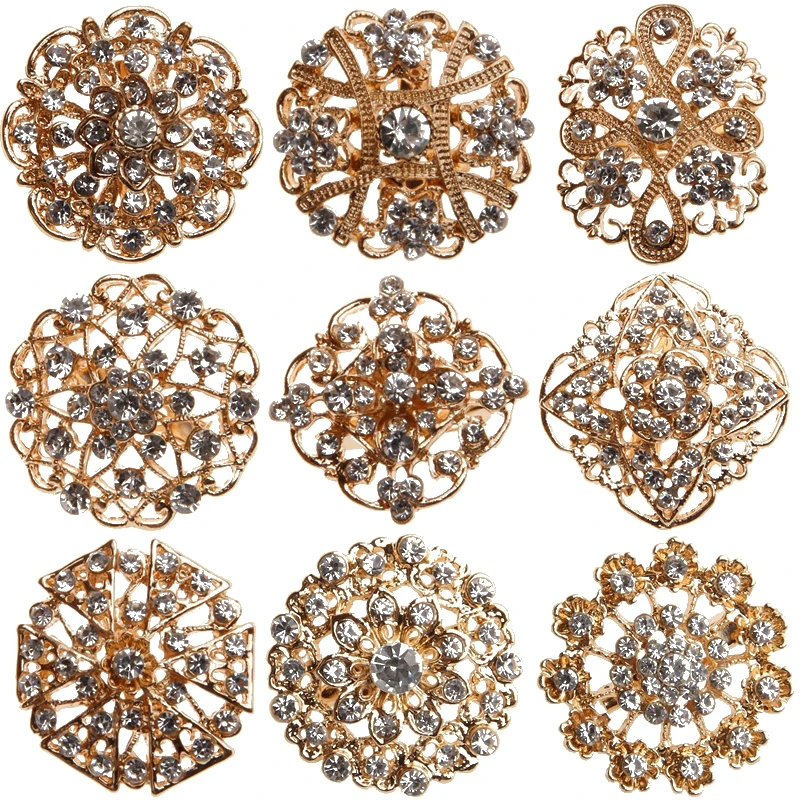 

Plated Meta Rhinestone Crystal Gold Flower Brooches Pins For Wedding Bouquet Brooch Pin For Bridal Party Bags Clothes Gift Box