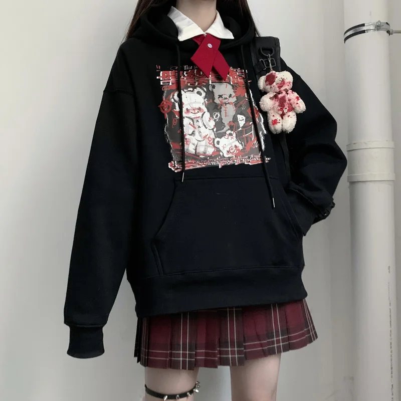 худи Women Loose Black Anime Print Hoodie Long Sleeve Top Punk Vintage Dropshipping Harajuku Japanese Gothic Pullover Sweatshirt