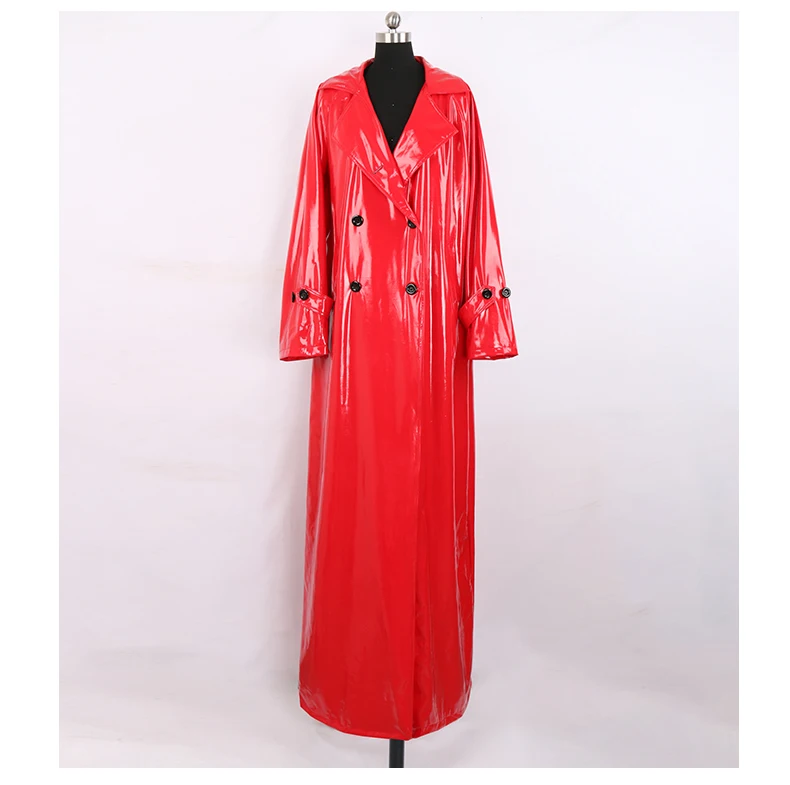 Nerazzurri Autumn Extra Long Soft Red Reflective Shiny Patent Leather Trench Coat for Women Double Breasted Maxi Korean Fashion