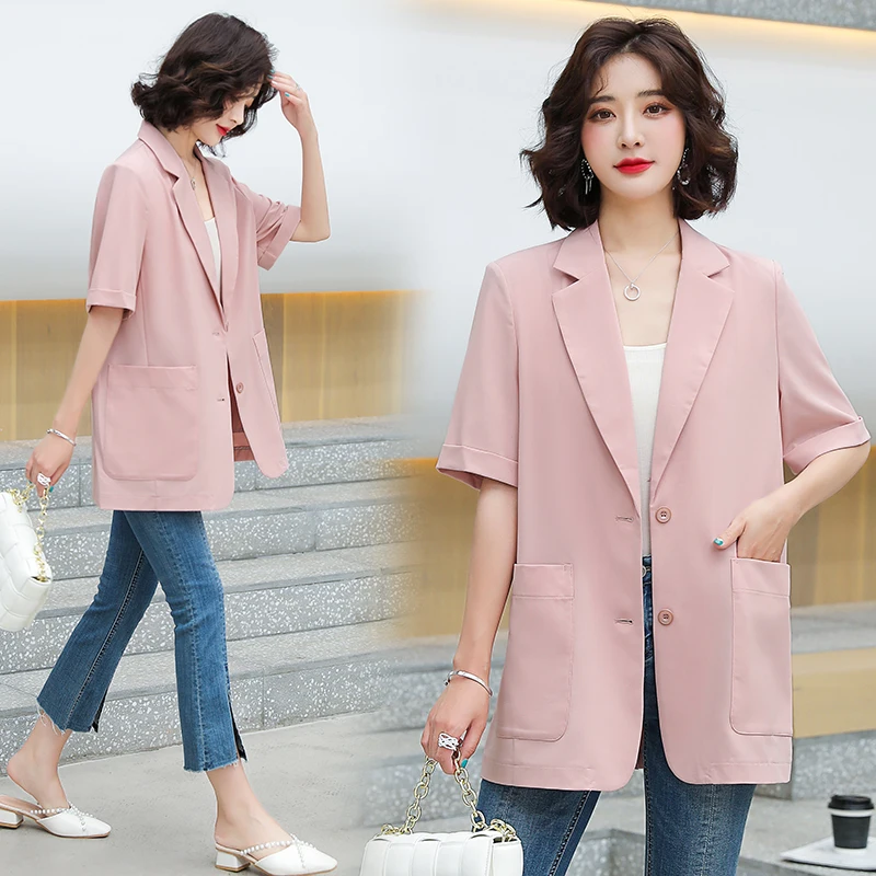 

Women Pockets Blazer Coat Summer & Spring Office Ladies Jacket Outwear Female Short Sleeve Solid Color Blazer Suit Cardigan