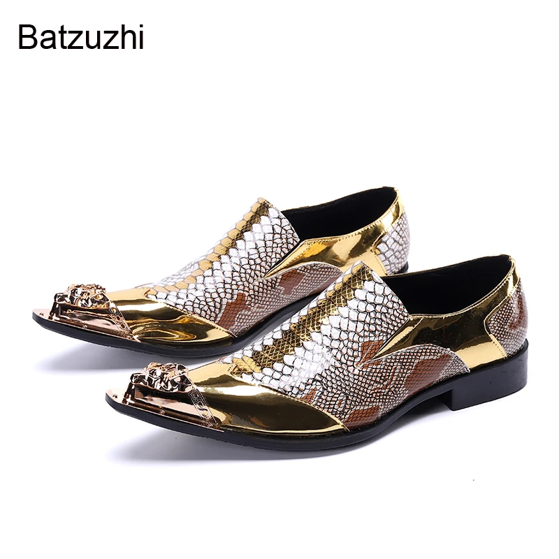 Batzuzhi Luxury Handmade Men\'s Shoes Pointed Toe Leather Dress Shoes Men Slip on Gold Oxfords for Men Partry/Wedding, EU38-46