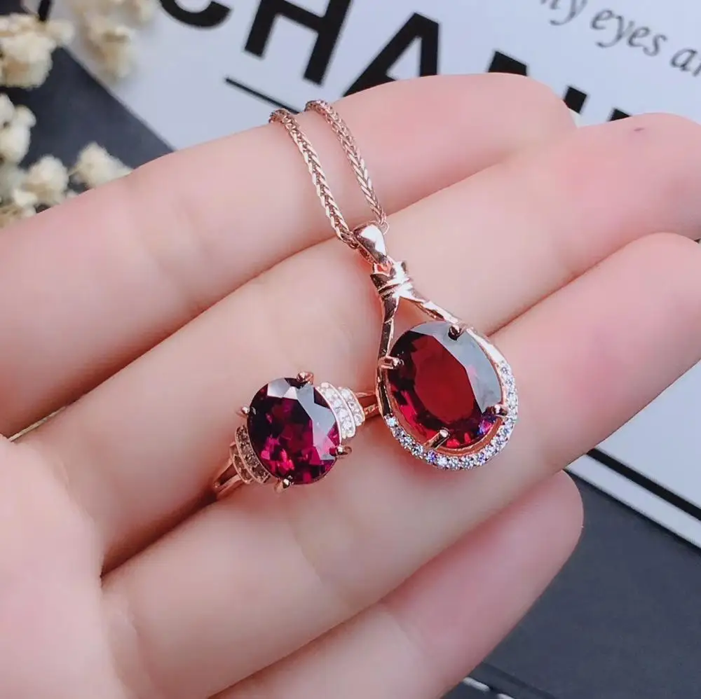 KJJEAXCMY boutique jewelry 925 sterling silver inlaid Natural Garnet pendant ring necklace Women's suit support detection