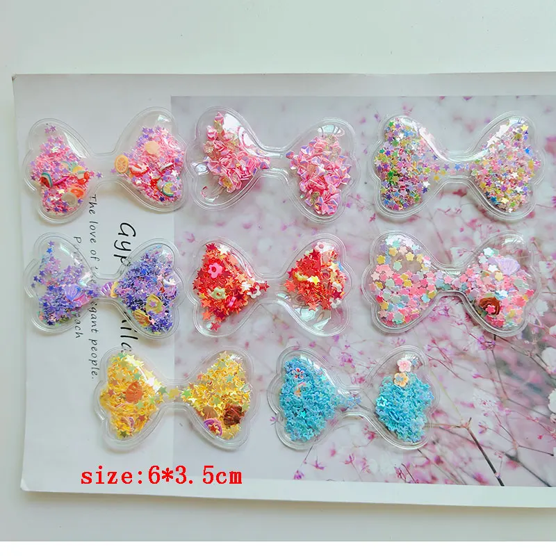 20pcs Quicksand Bow PVC trasparente con applicazioni glitterate per accessori per Clip per bambini fai-da-te