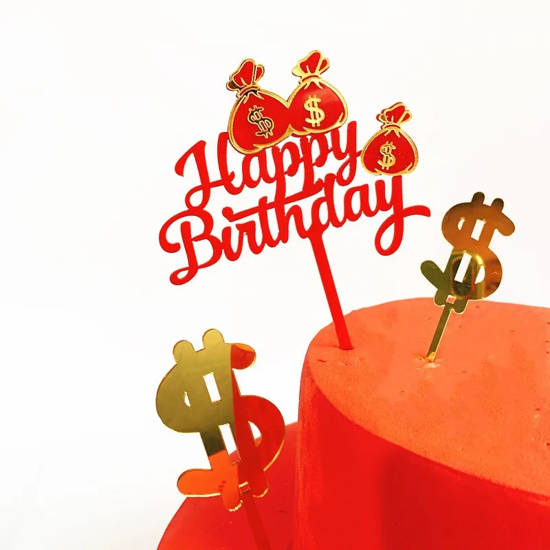 Acrylic Happy Birthday Cake Topper Novelty Money Bag Rich Wishes Cake Topper For Business Men Birthday Party Cake Decorations