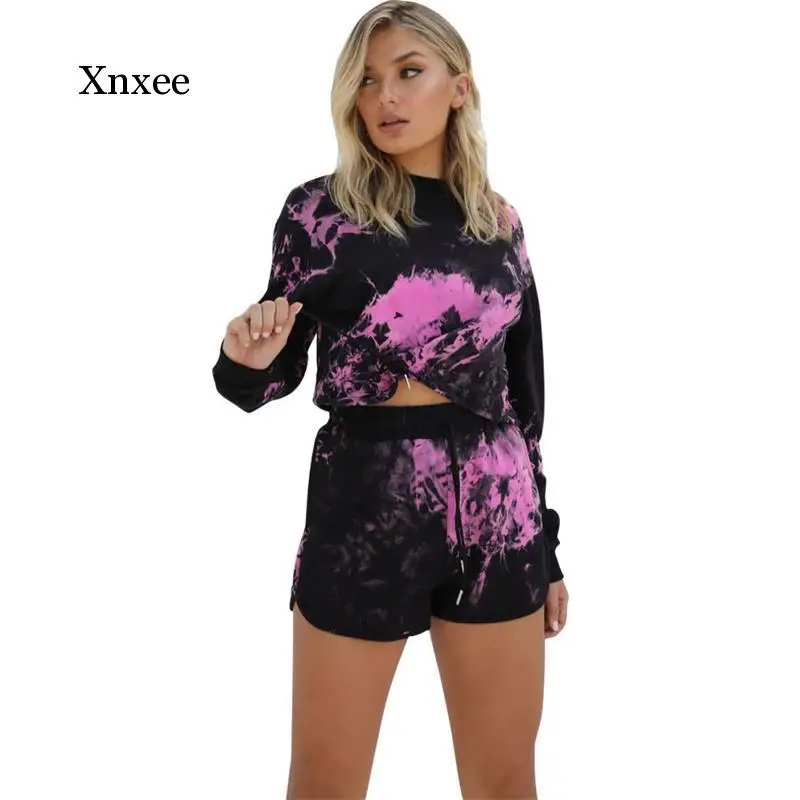 Purple Black Biker Set Shorts Long Sleeve Patchwork Sexy Top Women Casual Suit Print Punk Loose Summer Tie Dye Round Neck