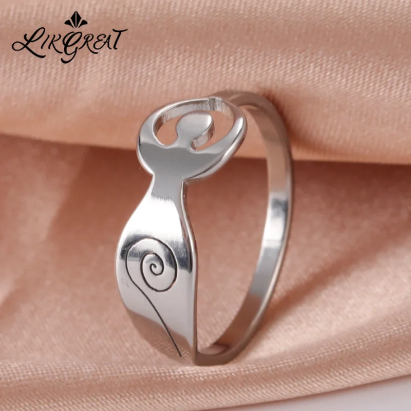 Goddess Fertility Rings for Women Stainless Steel Witchcraft Jewelry Wicca Pegan Moon Mother Earth Ring Magic Religious Talisman