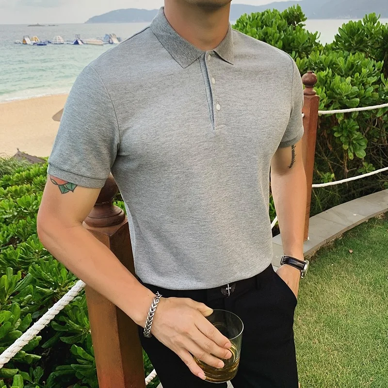 

Color Solid Summer Short Sleeve T Shirt Men Slim Fit Turn-Down Collar Pullovers Casual Tees Tops Business Office Mens T Shirts