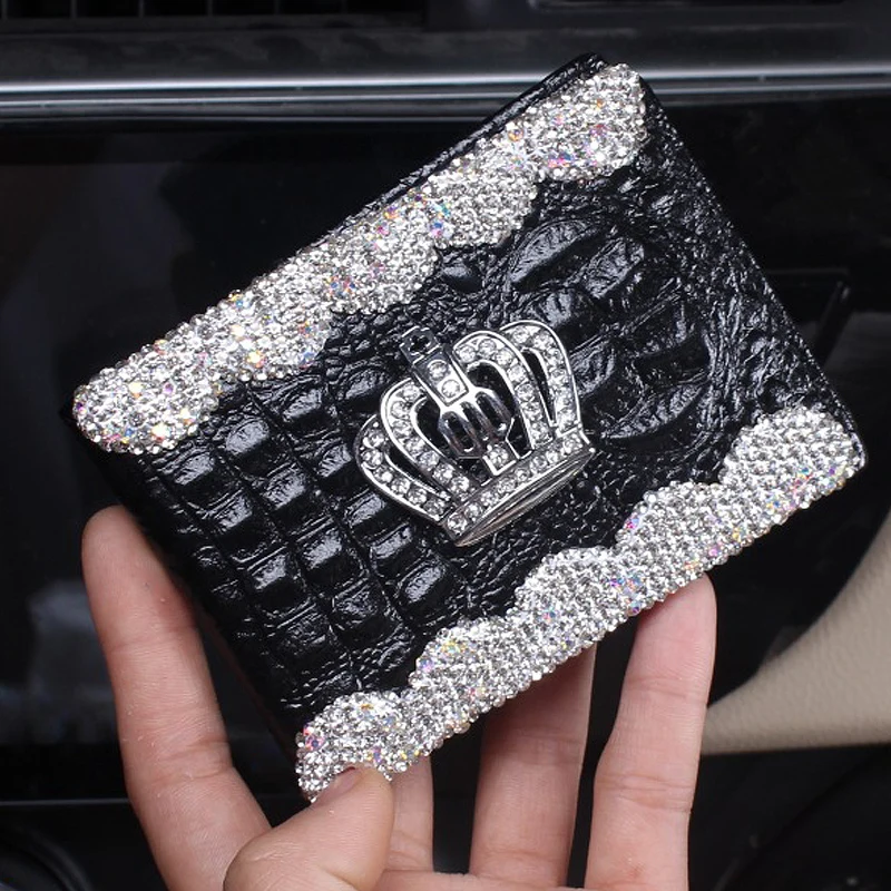 Universal Leather Car Key Case ​Crystal Rhinestone Crown Driver\'s license Cover Holder Car Key Bag Wallets Keychain Accessories