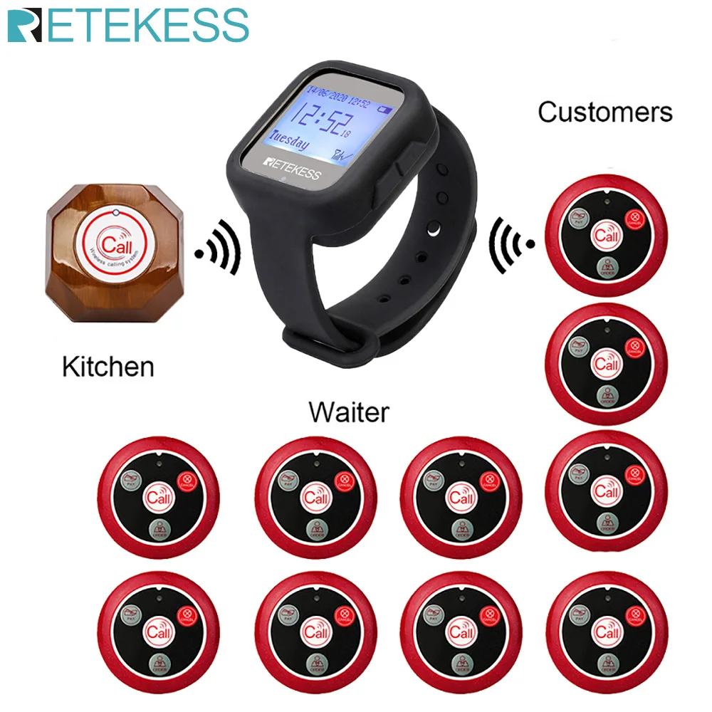 

Retekess Restaurant Pager Waiter Queue Wireless Calling System TD106 Waterproof Watch Receiver +T133 And 10Pcs T117 Call Buttons