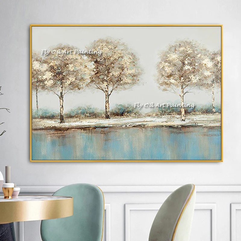 

Pure Tree Oil Painting Lake Leaf Landscape 100% Handmade Water Painting Background Wallpaper Mural for Living Room