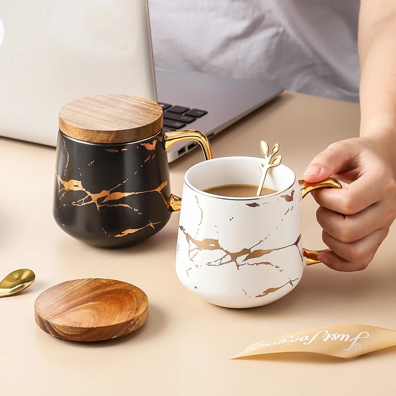 Luxury Nordic Style Marble Mugs Ceramic Couple Coffee cups Porcelain  Morning-Tea Breakfast Milk Cups with Spoon And Lid