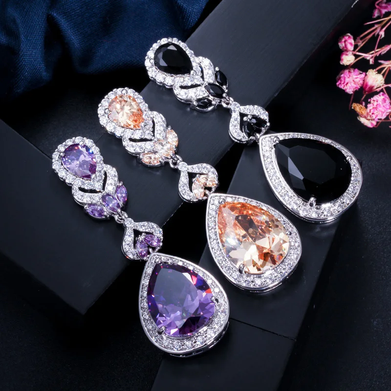 Pera Brand Luxury Women Party CZ Stone Silver Color Jewelry Big Pear Cut Drop Purple Long Dangle Cubic Zirconia Earrings E223