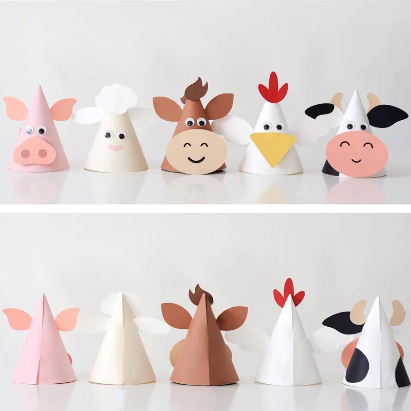 Farm Animals Paper Hat DIY Birthday Party Decorations Kids Children Props for Outdoor Activities Rabbit Sheep Chick Conical Cap