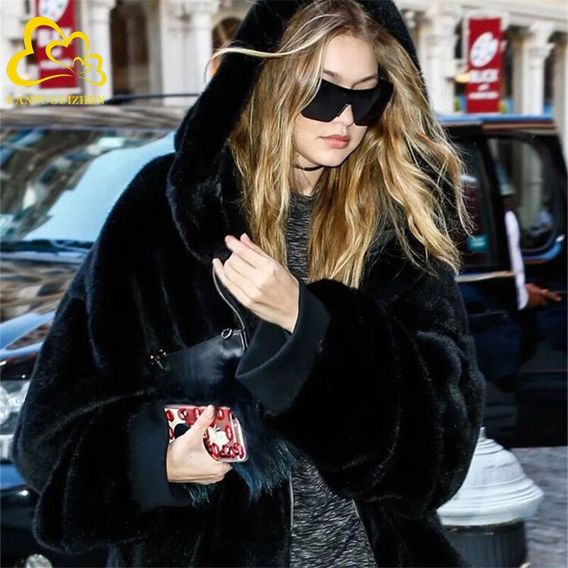 Thickened Faux Mink Coat Women Winter Clothes New Jacket Version Loose Imitation Rabbit Fur Plush Hooded Fur Coat